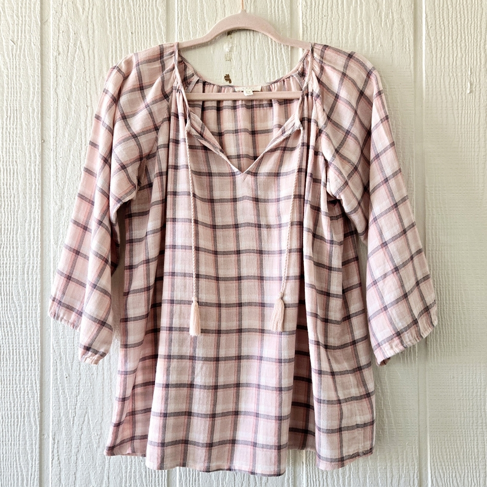Soft Joie Legaspi Plaid Tassel Tie Drop Shoulder Peasant Style Tunic Pink XXS